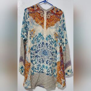 Johnny Was Floral Artsy Tunic Cupra Rayon Long Slv Boho Tropical Breezy Size L